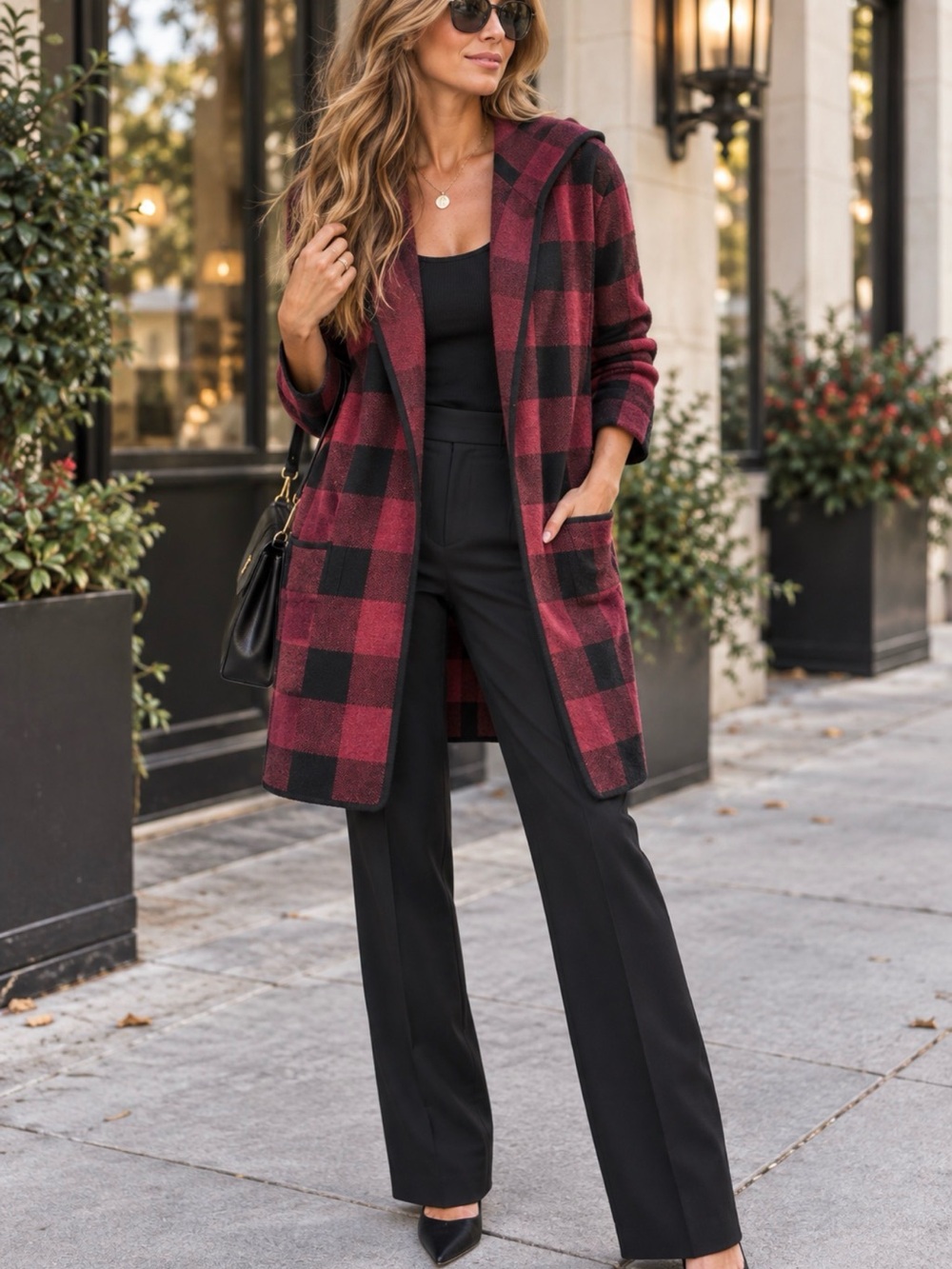 Adrienne Vittadini Cotton Blend Red and Black Plaid Hooded Cardigan Size 2X